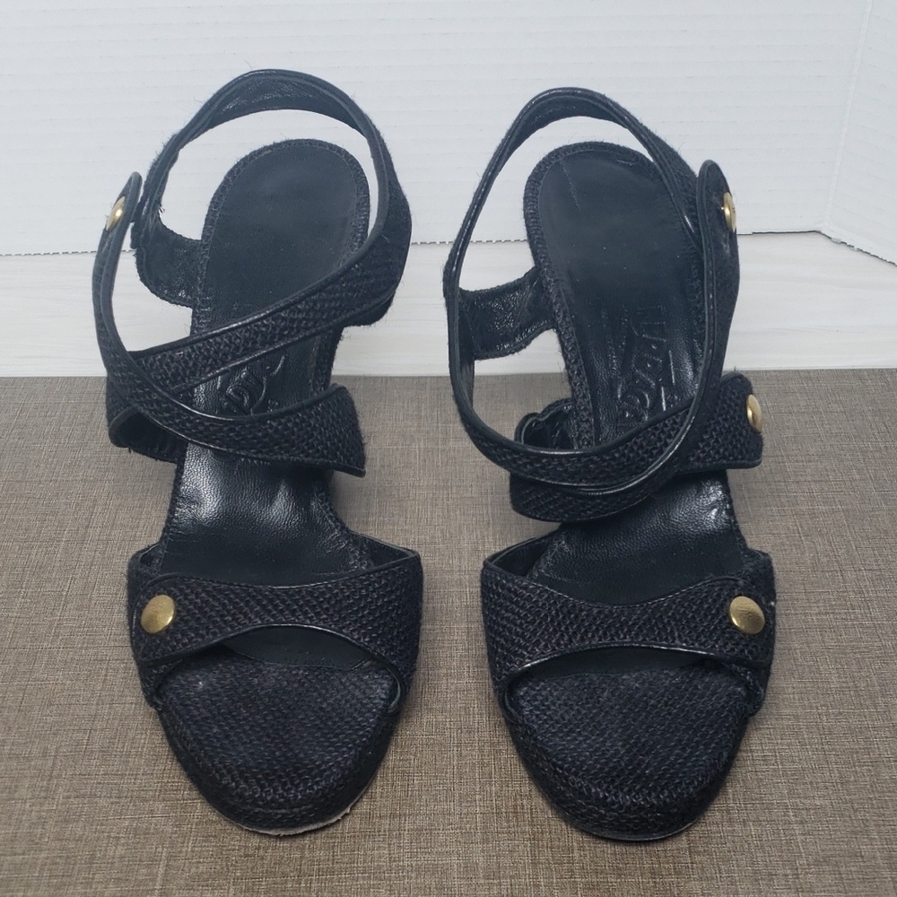 Salvatore Ferragamo Black Woven Heel Sandal Wedge‎ - SZ 7.5